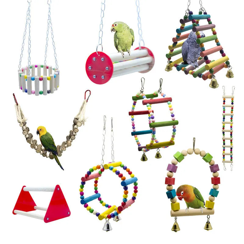 Bird Toys Set Swing Chewing Training Toys Small Parrot Hanging Hammock Parrot Cage Bell Perch Toys with Ladder Pet Supplies 1pcs
