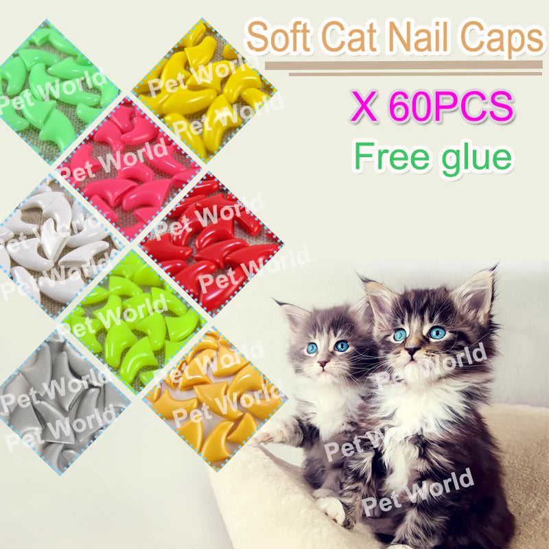 NEW  60Pcs cat soft Nail Caps Paw Claws for Pet Cat with instruction & 3x FREE super glues and applicator