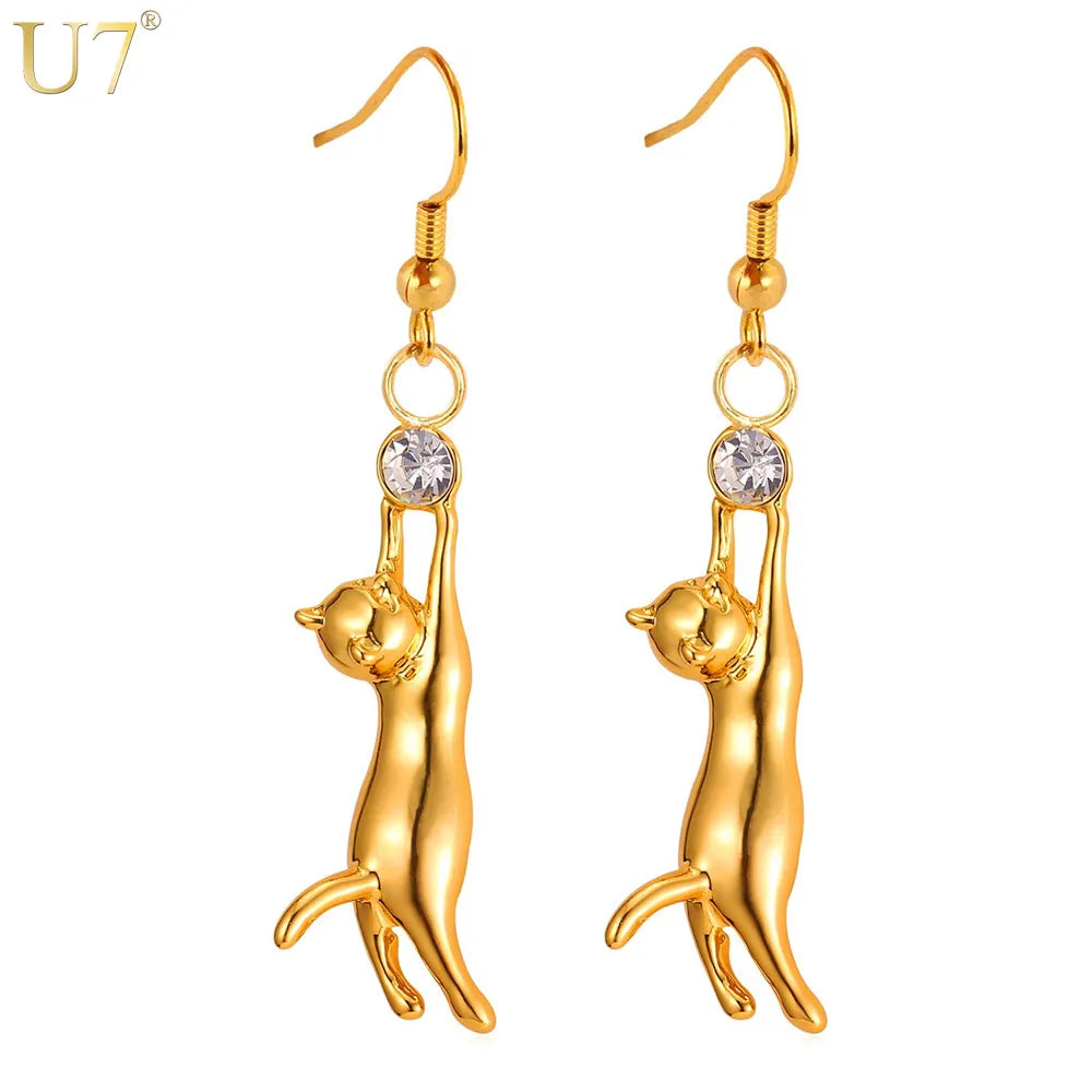 U7 3D Cute Cat Dangle Earring for Women White Rhinestone Ball Chic Daily Jewelry Pet Animal Charm Dangle Earring
