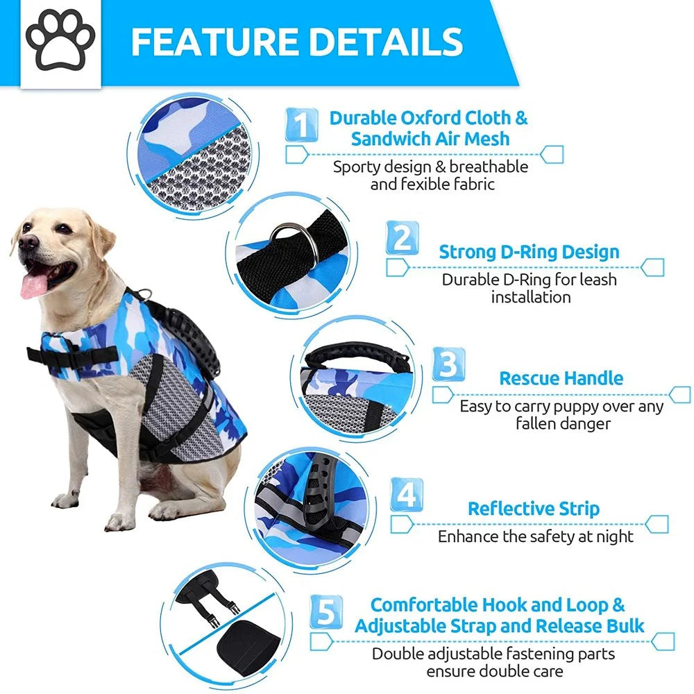 Dog Life Jacket Ripstop High Buoyancy Summer Pet Adjustable Safety Camouflage Swimsuit Reflective Dog Clothes with Rescue Handle