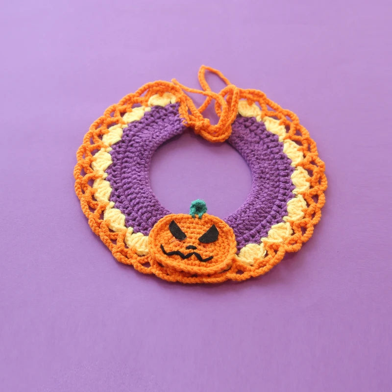 Halloween Dog Collar Pet Bib Dog Collar Cat Hat Hand Knitted Crochet Collar Pumpkin Costume Pet Accessories