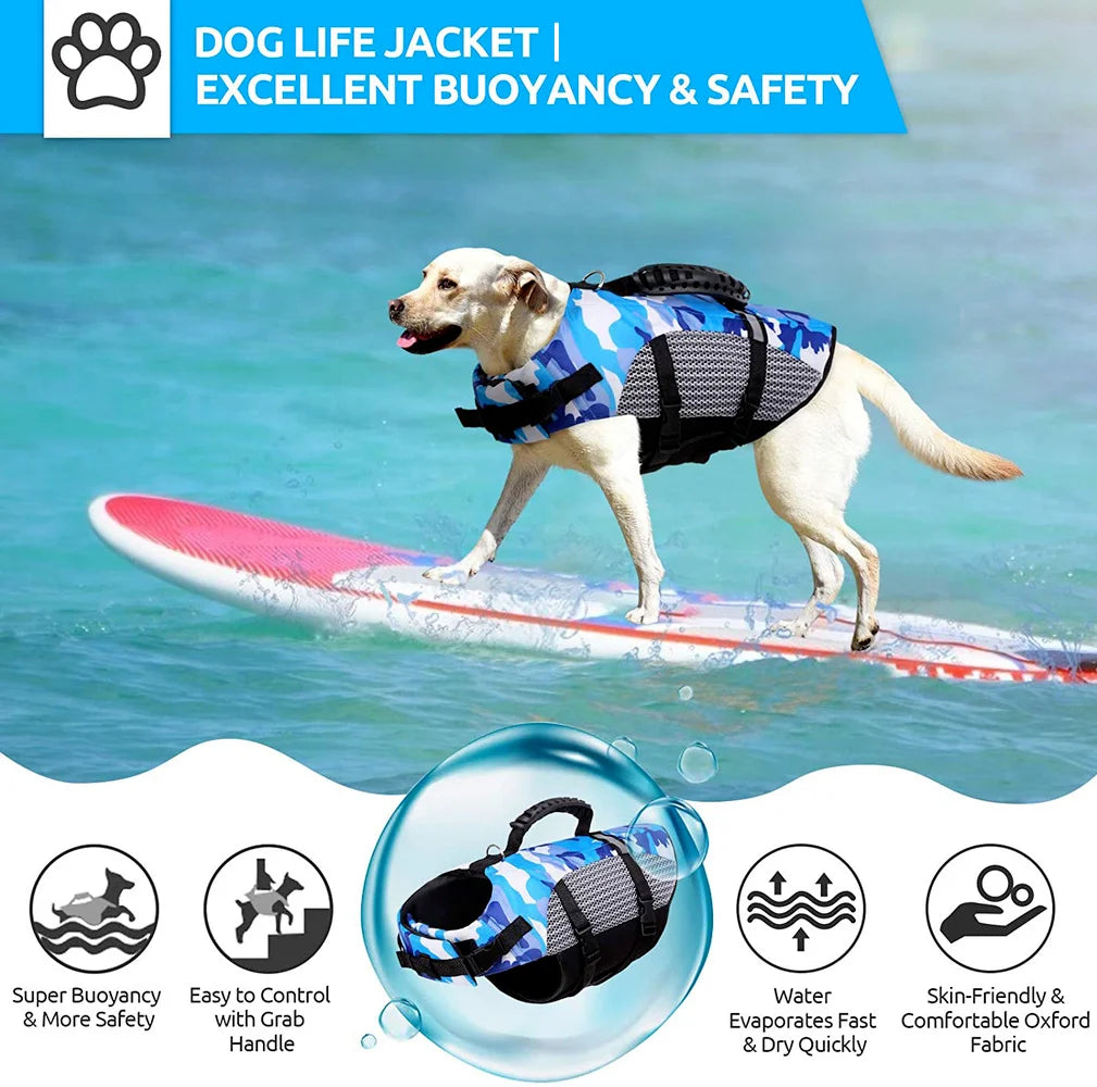 Dog Life Jacket Ripstop High Buoyancy Summer Pet Adjustable Safety Camouflage Swimsuit Reflective Dog Clothes with Rescue Handle