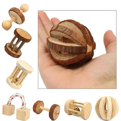 Cute Natural Wooden Rabbits Toys Pine Dumbells Unicycle Bell Roller Chew Toys for Guinea Pigs Rat Small Pet Molars Supplies