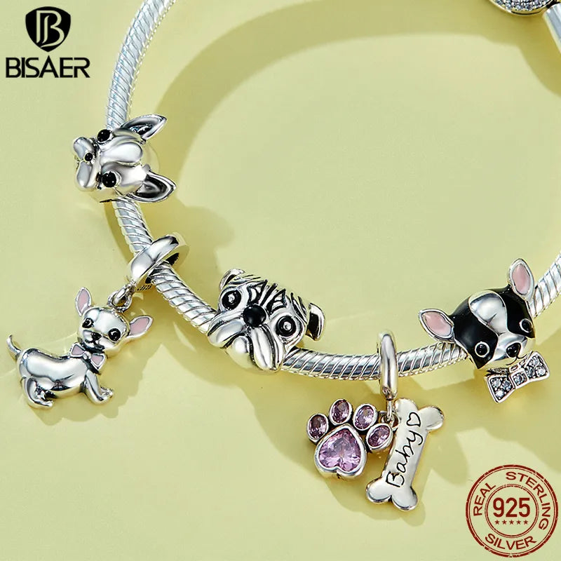 BISAER 925 Sterling Silver Cute Dog Charm Bead Dachshund Pet Animal Pendant Platinum Plated Fit Women DIY Bracelet Fine Jewelry
