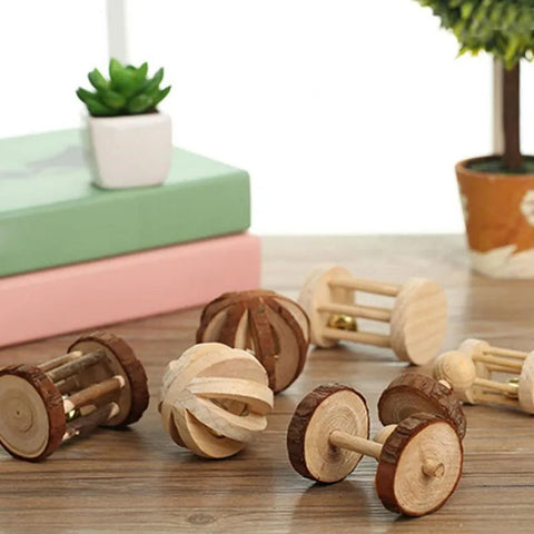 1pcs Natural Wooden Rabbits Toys Cute Pine Dumbells Unicycle Bell Roller Chew Toys for Guinea Pigs Rat Small Pet Molars Supplies