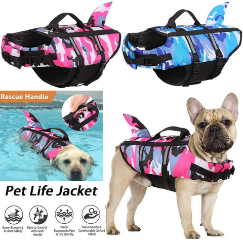 Pet Dog Life Jacket Vest Clothes Life Vest Collar Harness Pet Dog Swimming Summer Swimwear Clothes Camouflage Shark Blue Fuchsia