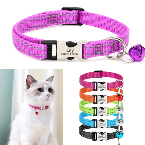 Engraved Custom Cat Collar Reflective Kitten Puppy Collars with Bell Personalized Pet Cats Collar Necklace Accessories 1cm Width