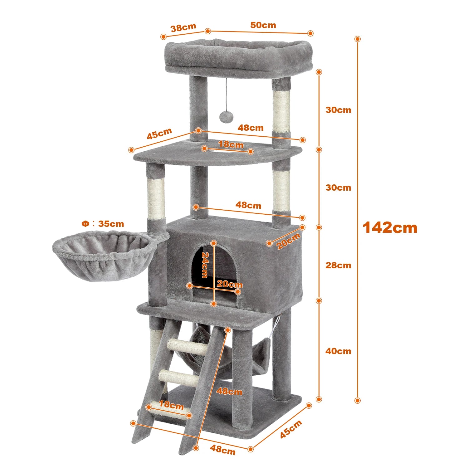 Cat Tree Towel Scratching Sisal Post Multi-Level Pet Climbing Tree with Hammock Bed Cat Ladder Extra Large Perch with Toy Ball