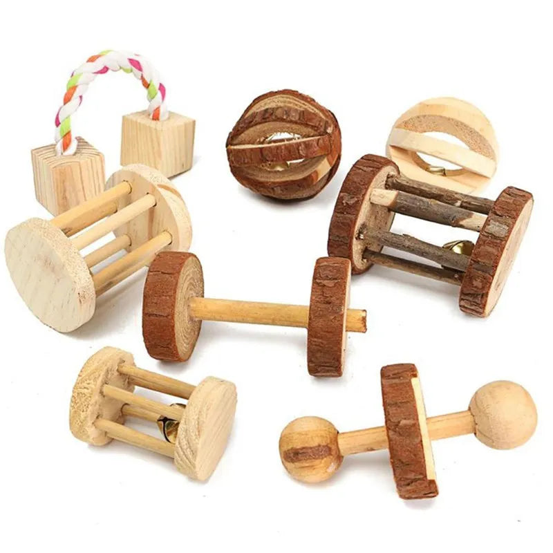 Cute Rabbit Roller Toys Natural Wooden Pine Dumbells Unicycle Bell Chew Toys for Guinea Pigs Rat Small Pet Molars Supplies