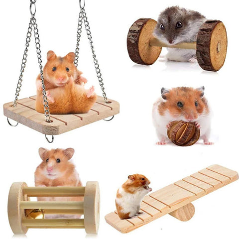Cute Rabbit Roller Toys Natural Wooden Pine Dumbells Unicycle Bell Chew Toys for Guinea Pigs Rat Small Pet Molars Supplies