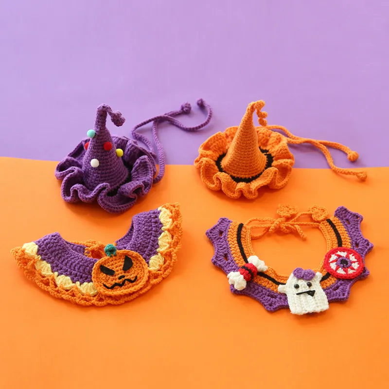 Halloween Dog Collar Pet Bib Dog Collar Cat Hat Hand Knitted Crochet Collar Pumpkin Costume Pet Accessories
