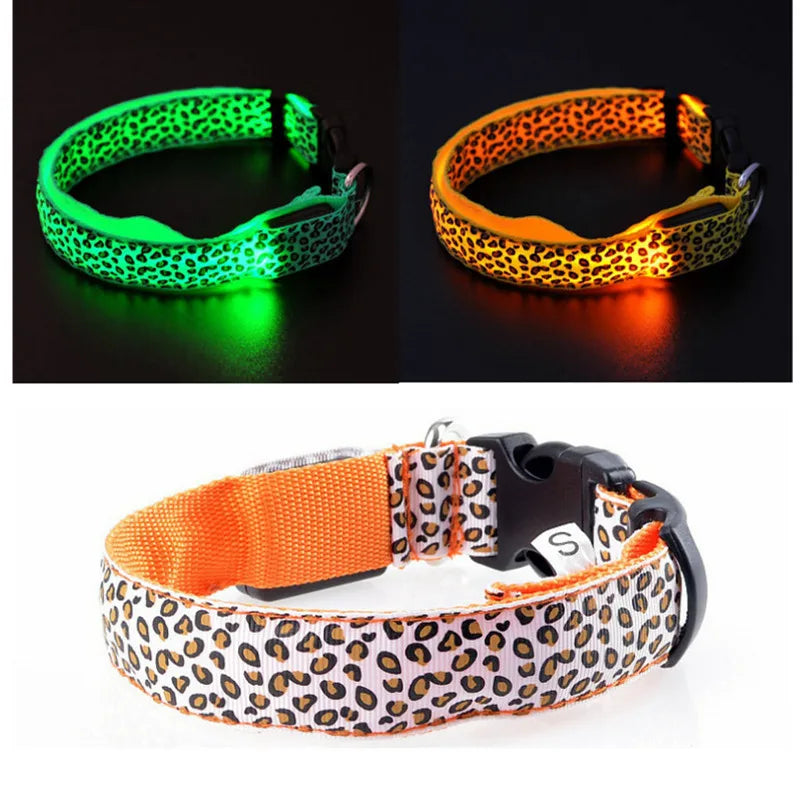 Pet LED Luminous Collar for Dog Adjustable Leopard Glow Cat Collar Night Safety Collar Teddy Golden Retriever for Walking Dogs